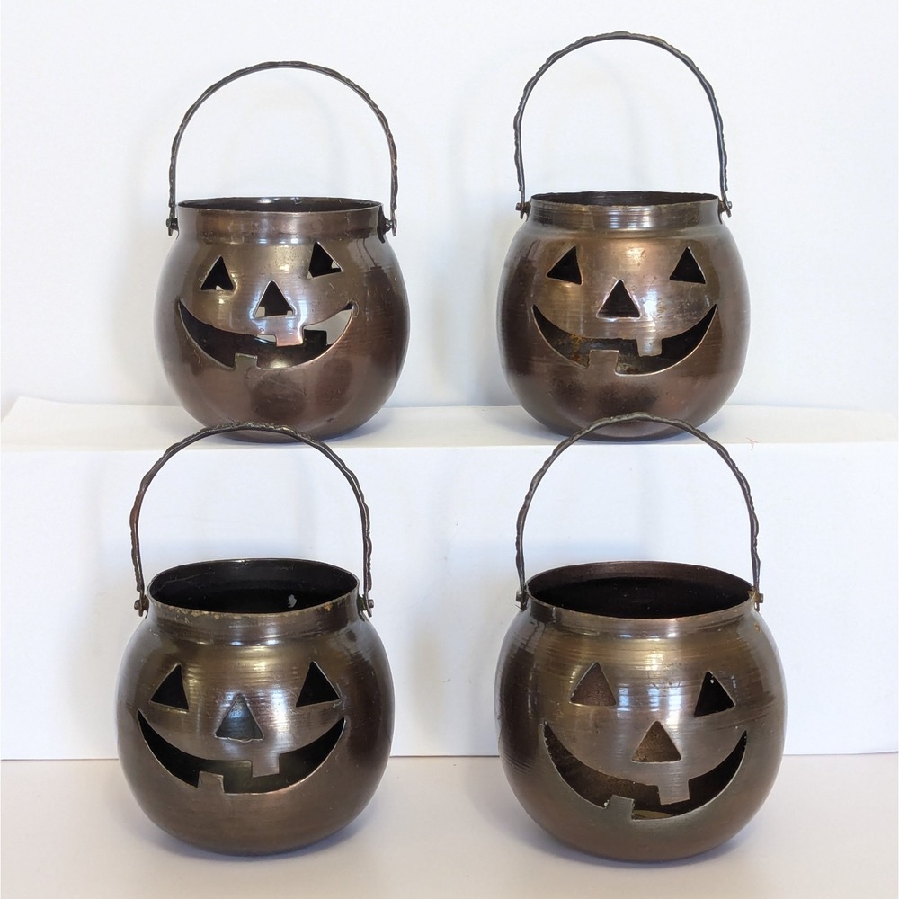 4 Vtg Halloween HOSLEY USA Metal Jack-O-Lantern Pumpkin Tealight Candle Holders